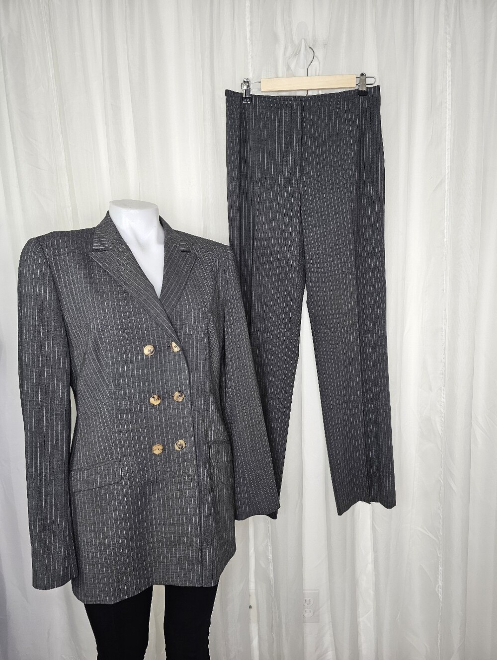 Piazza Sempione Charcoal Pinstripe Double-Breasted Pant Suit Set Size IT 44